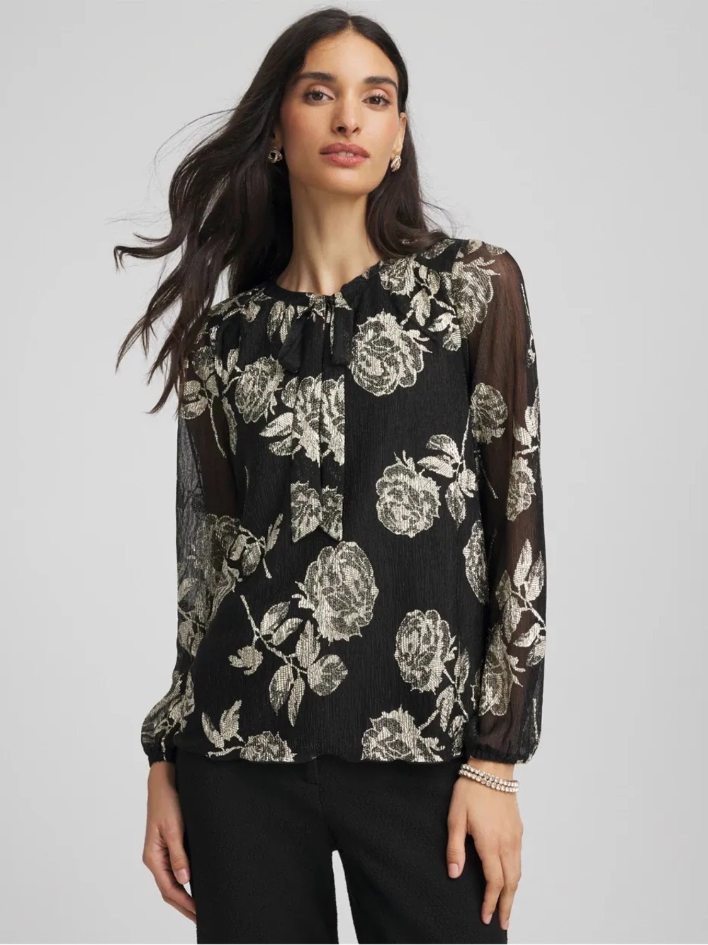 Chico’s Bodre Black Metalic Tie Neck Blouse Large 2